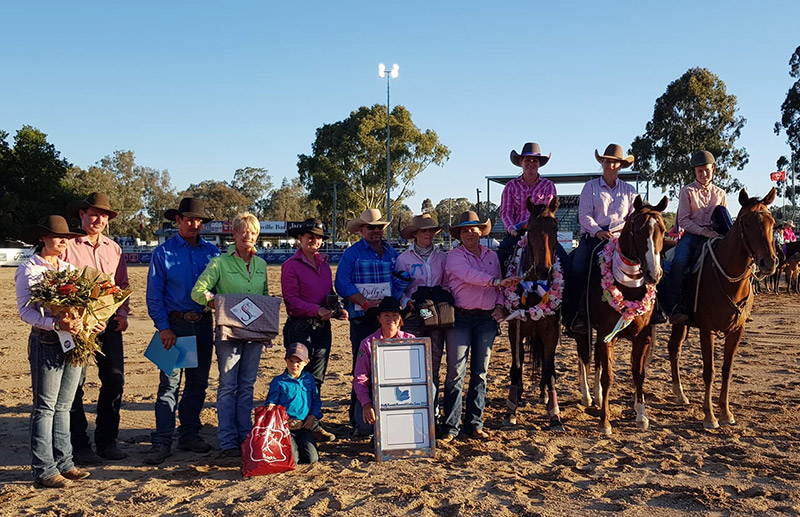Champion Marni Hamilton & Summer, Co-Reserve Champions, Bryony Puddicombe and CD Cat & Madison Hall standing in for Jaye Hall on Privilege.  Surrounded by Tick Everett, Kate Everett, Meg Everett and some sponsors. 